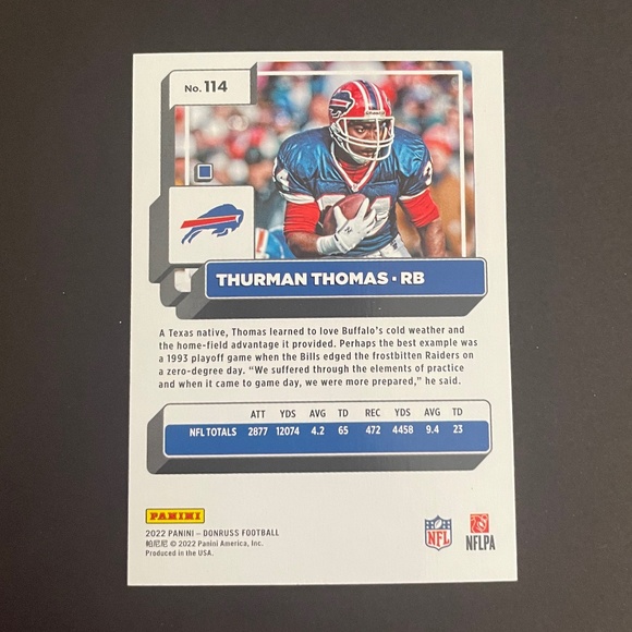 Thurman Thomas: Buffalo Bills, Running Back 2022 Panini Donruss Football #114 - Picture 2 of 2